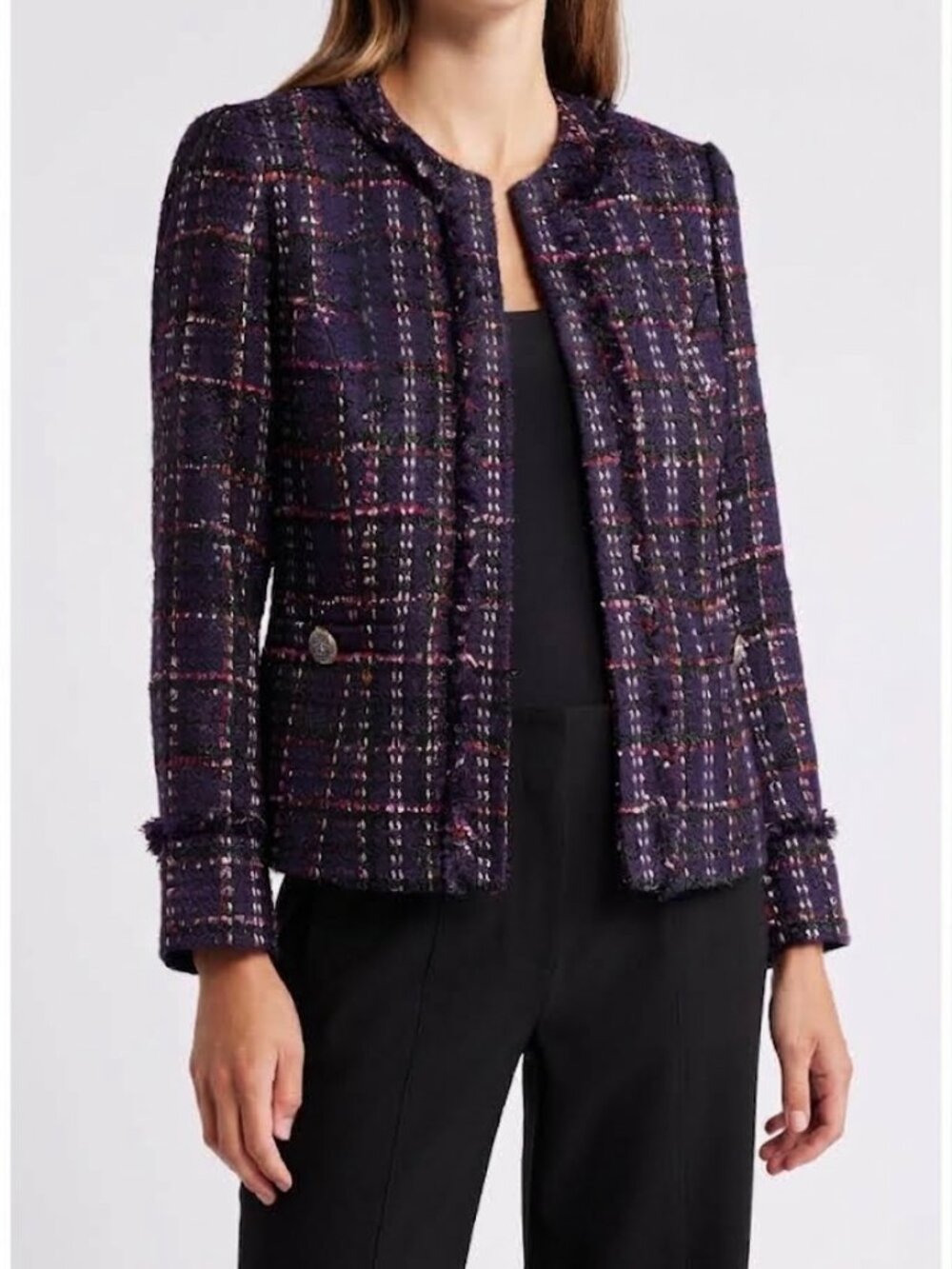 Anne Klein New Blazer NWT Royal Purple Boucle Tweed Fringe Trim Lined Pockets 2